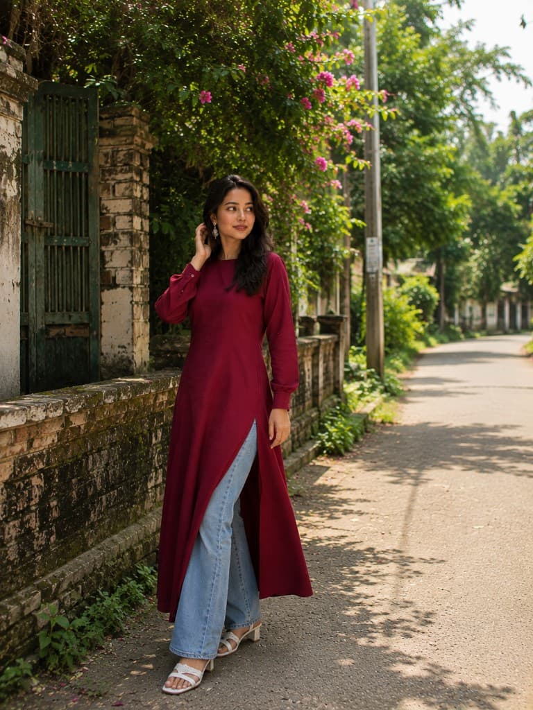 Maroon China Cotton Long Kurti Set — New Arrivals — Dhaka, Bangladesh | AURAREM