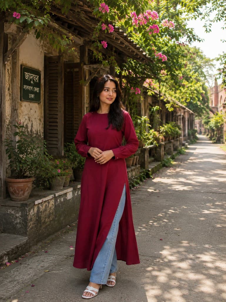 Maroon China Cotton Long Kurti Set — New Arrivals — Dhaka, Bangladesh | AURAREM — view 2
