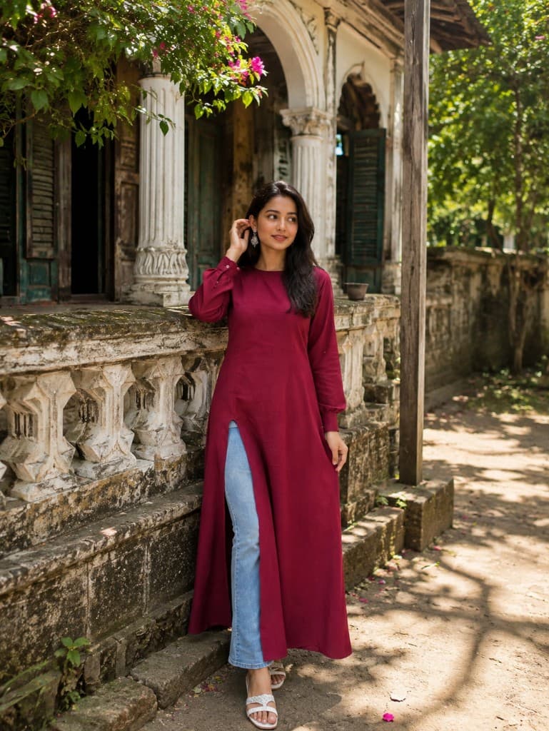 Maroon China Cotton Long Kurti Set — New Arrivals — Dhaka, Bangladesh | AURAREM — view 3