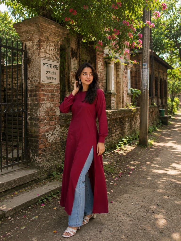 Maroon China Cotton Long Kurti Set — New Arrivals — Dhaka, Bangladesh | AURAREM — view 4