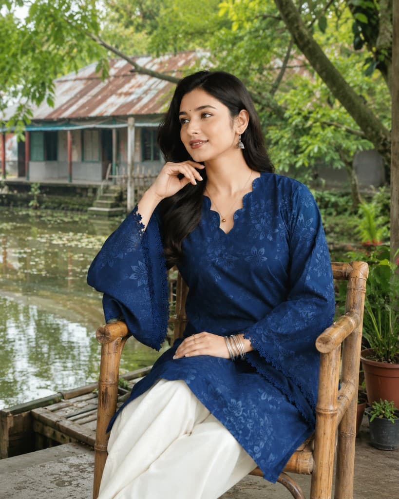 Navy Blue Floral Scalloped Kurti — Kurtis — Dhaka, Bangladesh | AURAREM