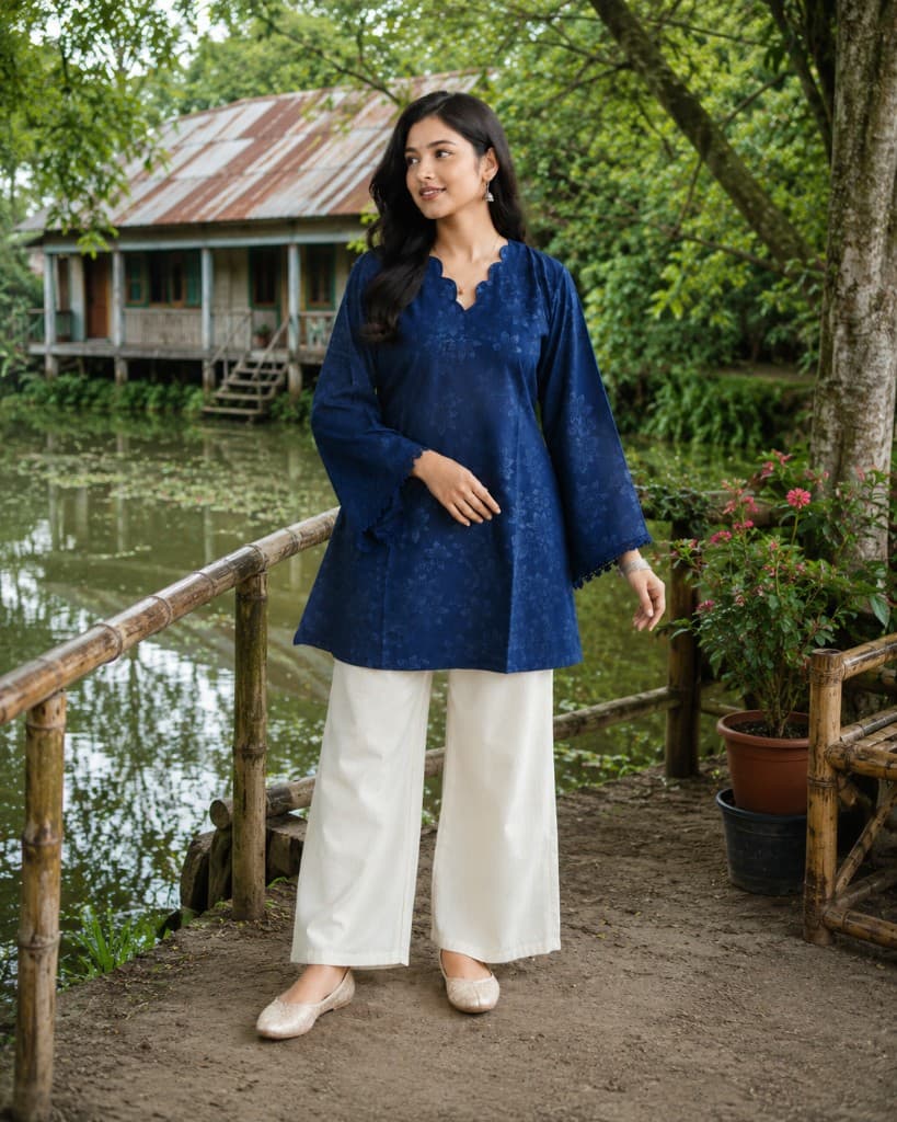 Navy Blue Floral Scalloped Kurti — Kurtis — Dhaka, Bangladesh | AURAREM — view 2