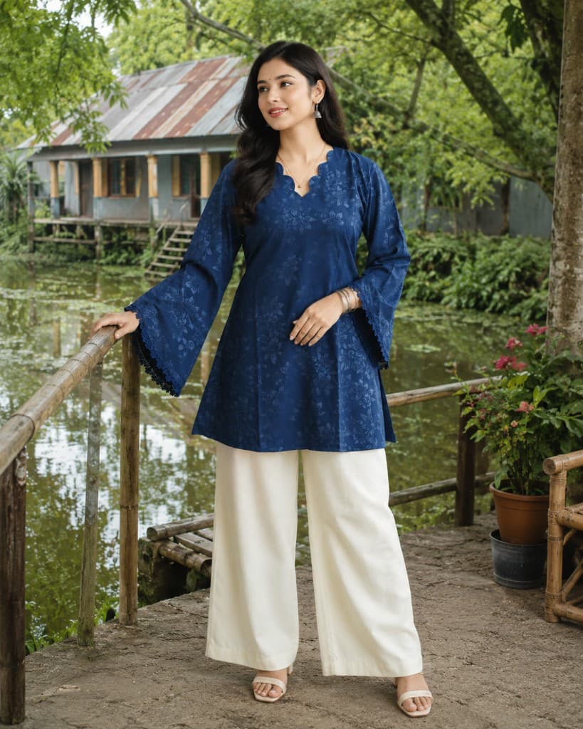 Navy Blue Floral Scalloped Kurti — Kurtis — Dhaka, Bangladesh | AURAREM — view 3