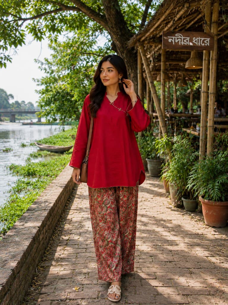 Red Kurti with Printed Palazzo Set — Kurtis — Dhaka, Bangladesh | AURAREM