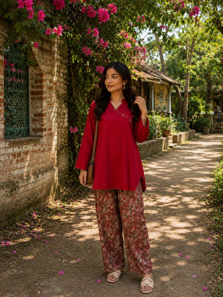 Red Kurti with Printed Palazzo Set — Kurtis — Dhaka, Bangladesh | AURAREM — view 2