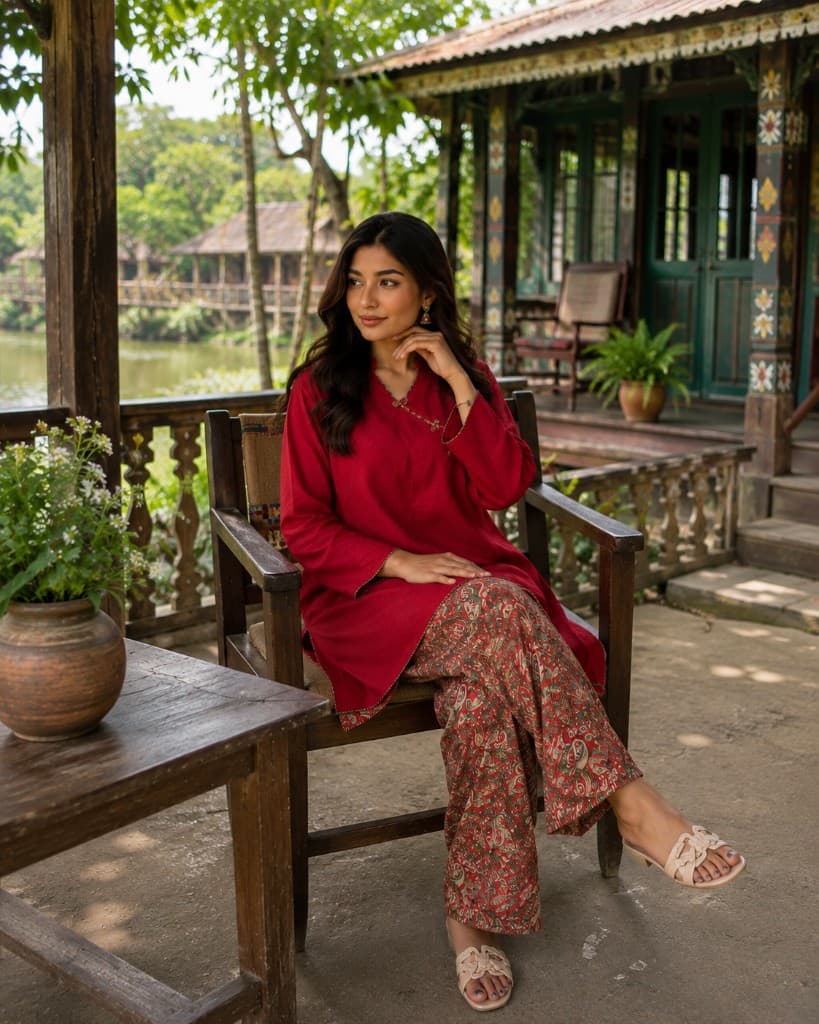 Red Kurti with Printed Palazzo Set — Kurtis — Dhaka, Bangladesh | AURAREM — view 3