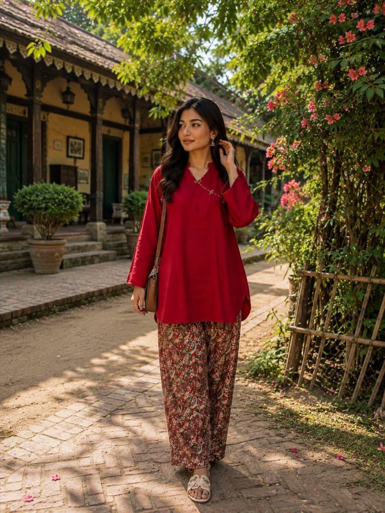 Red Kurti with Printed Palazzo Set — Kurtis — Dhaka, Bangladesh | AURAREM — view 4