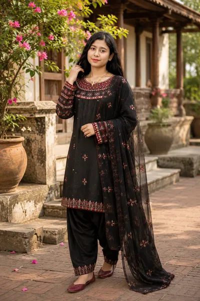 Premium Cotton Embroidery Three-Piece Set | Elegant Black Collection — Dresses — Dhaka, Bangladesh | AURAREM
