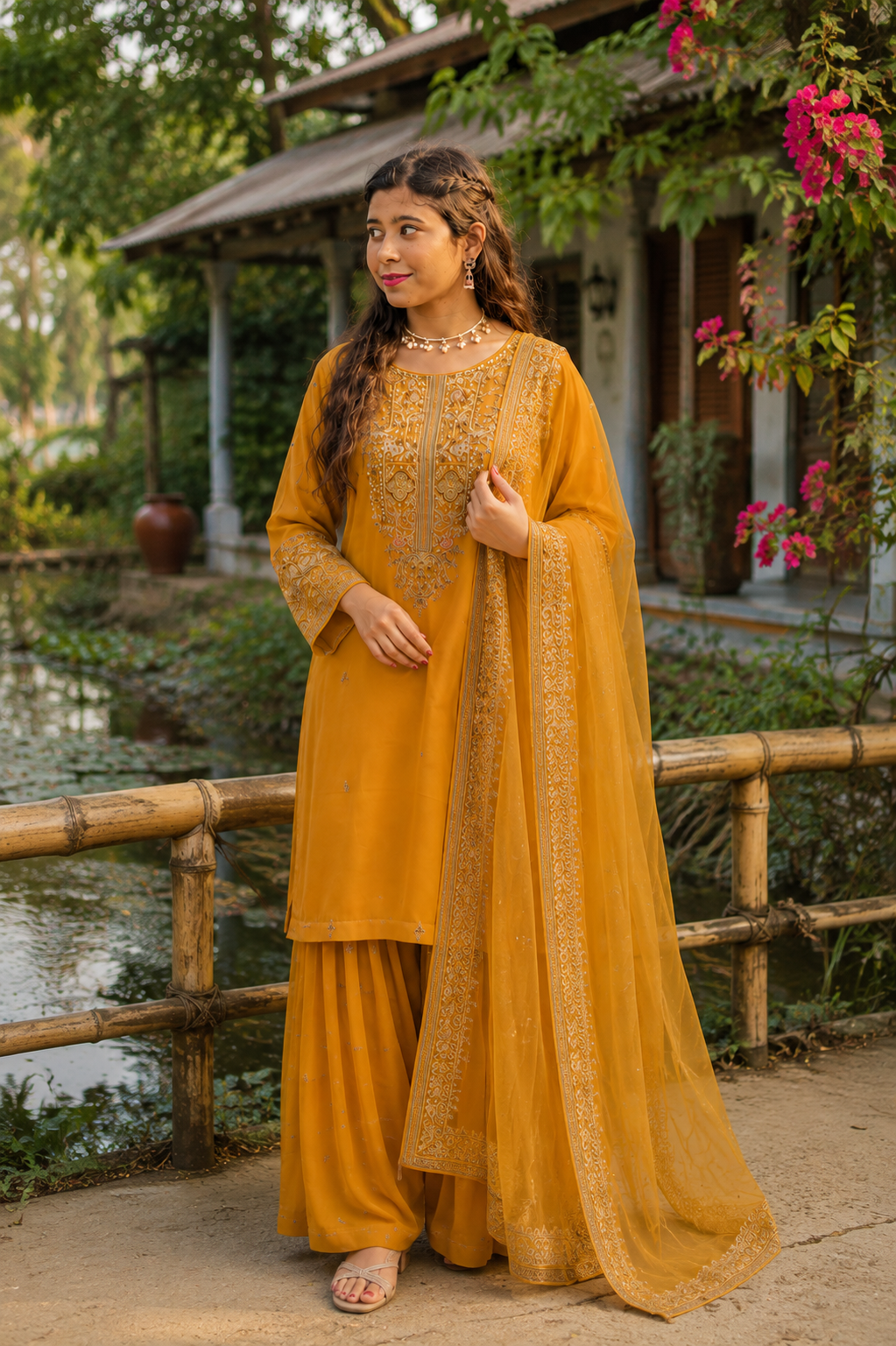 JAFRAN Premium Georgette Embroidery Work Farshi 3-Piece Set — Dresses — Dhaka, Bangladesh | AURAREM — view 3