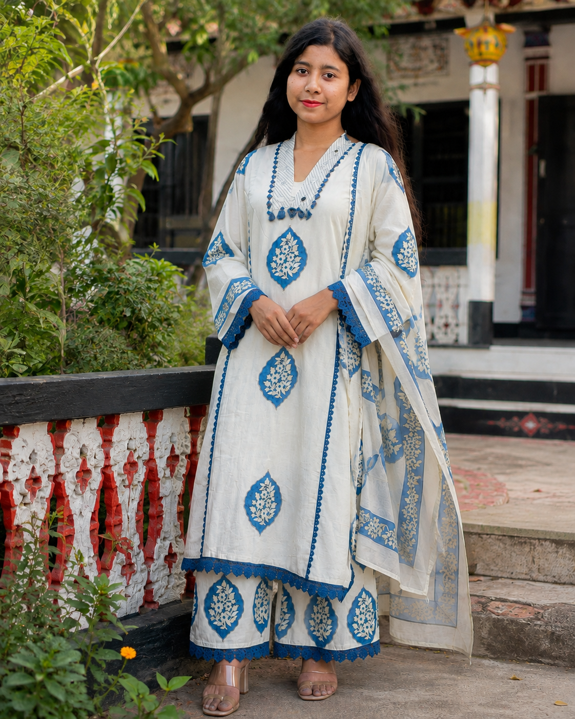 Pure Cotton Printed Three Piece Set for Women | Elegant White & Blue Ethnic Outfit — Dresses — Dhaka, Bangladesh | AURAREM