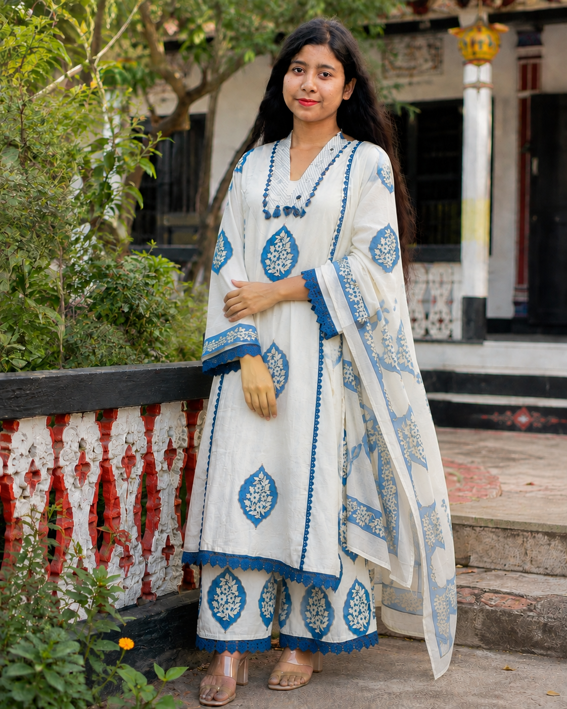 Pure Cotton Printed Three Piece Set for Women | Elegant White & Blue Ethnic Outfit — Dresses — Dhaka, Bangladesh | AURAREM — view 2