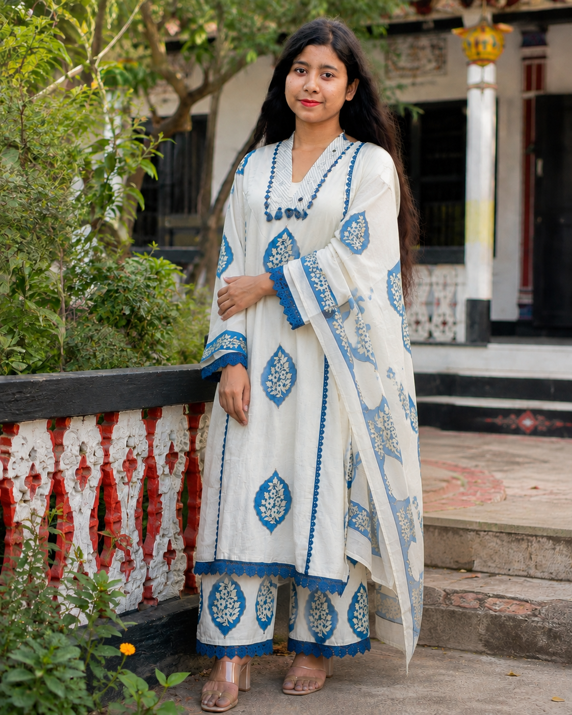 Pure Cotton Printed Three Piece Set for Women | Elegant White & Blue Ethnic Outfit — Dresses — Dhaka, Bangladesh | AURAREM — view 3