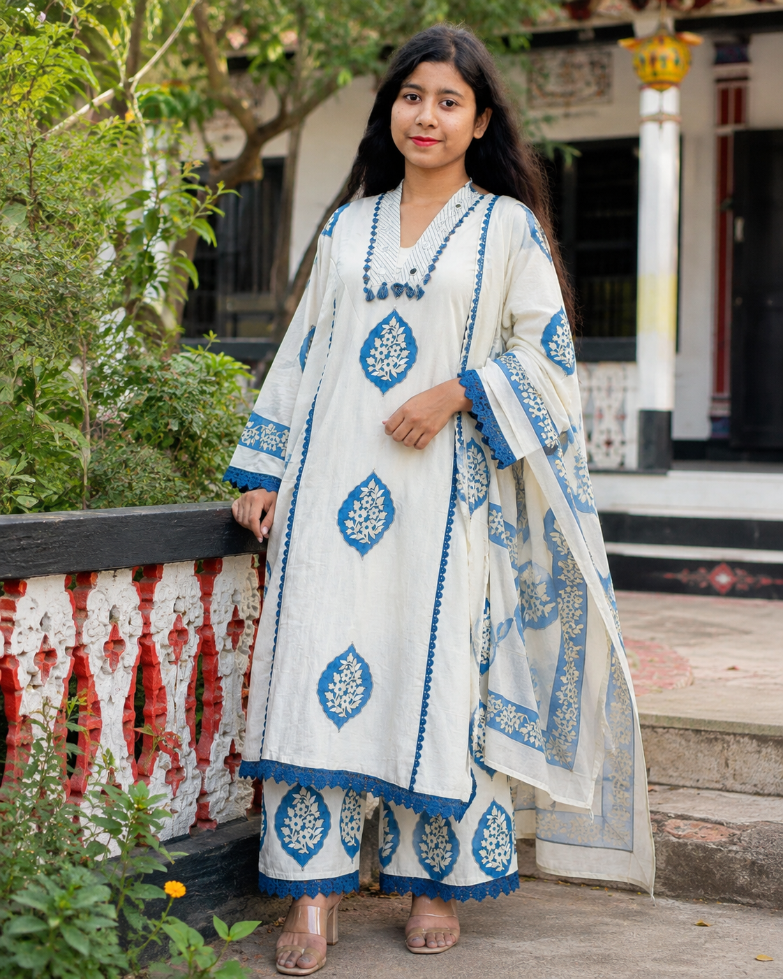Pure Cotton Printed Three Piece Set for Women | Elegant White & Blue Ethnic Outfit — Dresses — Dhaka, Bangladesh | AURAREM — view 4