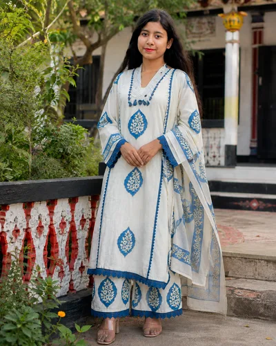 Pure Cotton Printed Three Piece Set for Women | Elegant White & Blue Ethnic Outfit — Dresses — Dhaka, Bangladesh | AURAREM