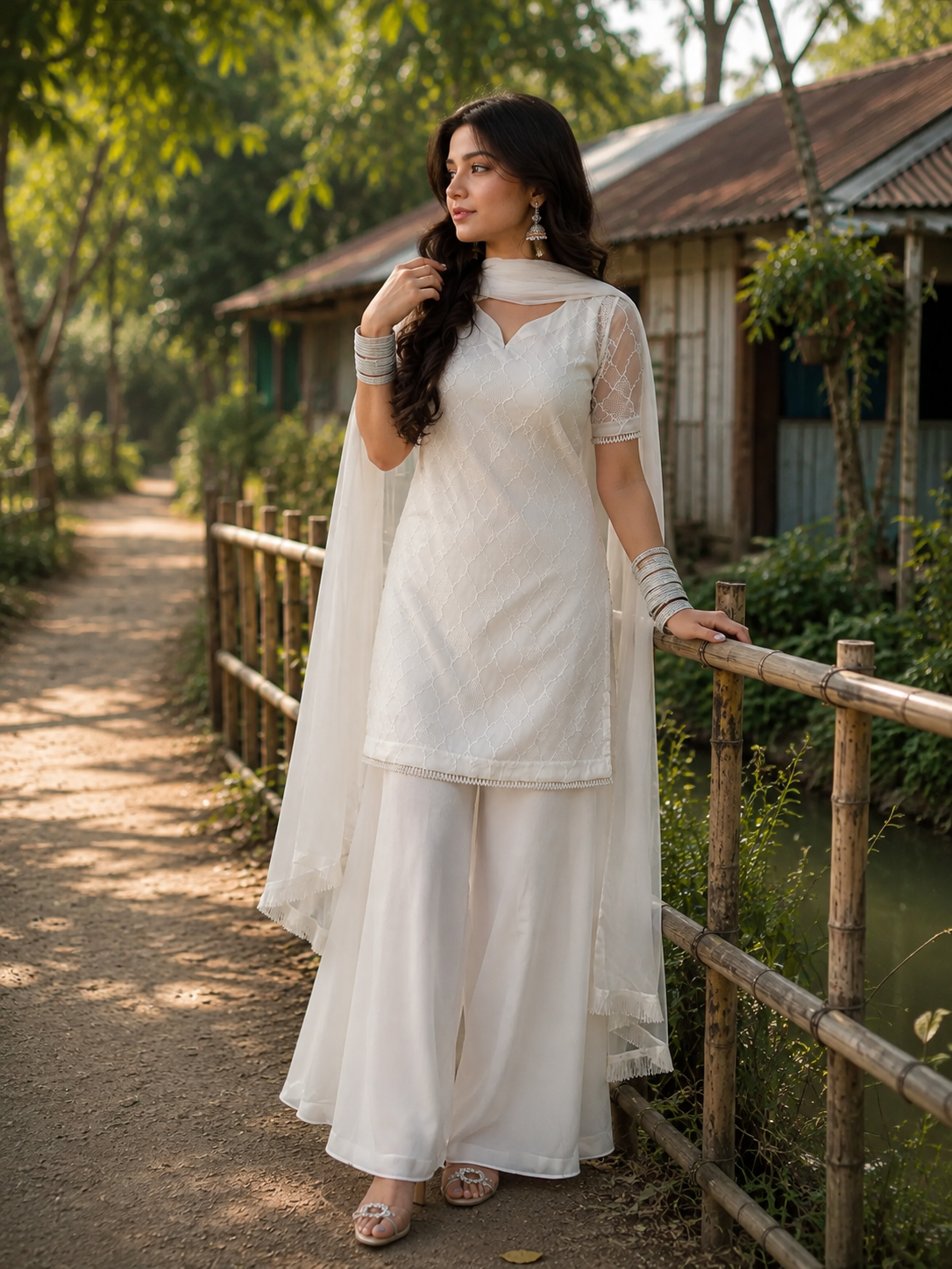 Premium PK-Inspired 3PC Set | Embroidered Georgette Kameez with Pearl Detailing | Aurarem — Dresses — Dhaka, Bangladesh | AURAREM