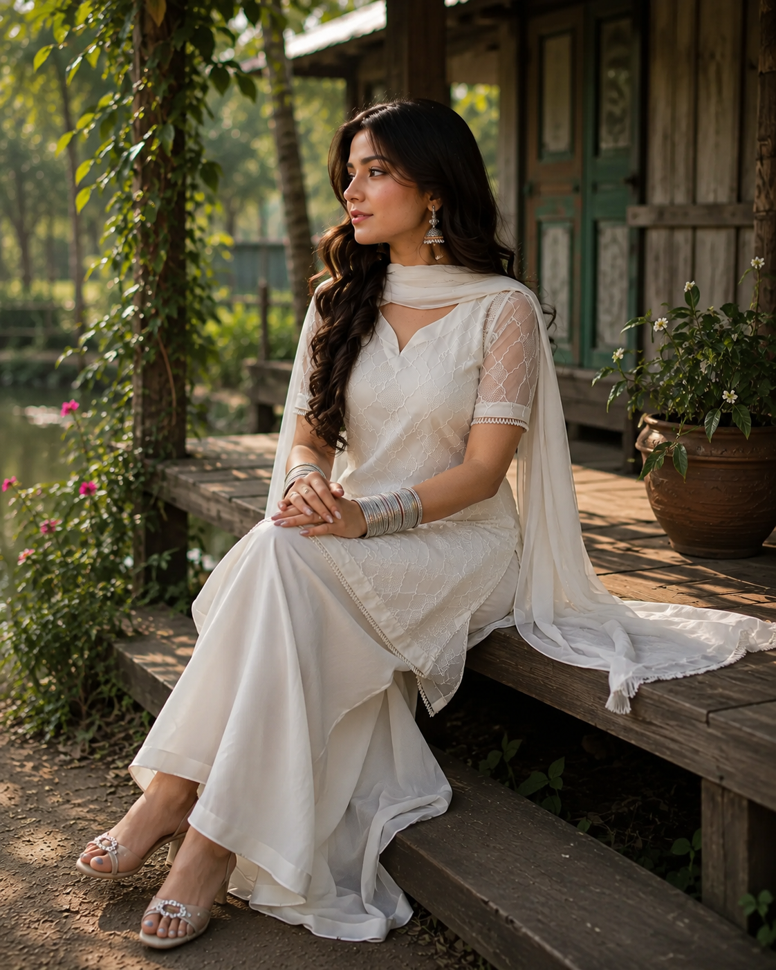 Premium PK-Inspired 3PC Set | Embroidered Georgette Kameez with Pearl Detailing | Aurarem — Dresses — Dhaka, Bangladesh | AURAREM — view 2