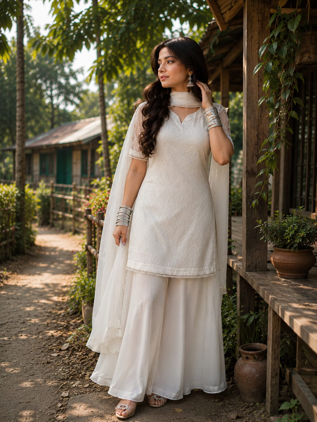 Premium PK-Inspired 3PC Set | Embroidered Georgette Kameez with Pearl Detailing | Aurarem — Dresses — Dhaka, Bangladesh | AURAREM — view 3