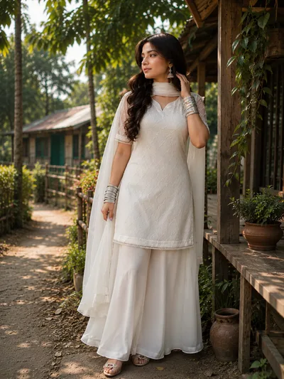 Premium PK-Inspired 3PC Set | Embroidered Georgette Kameez with Pearl Detailing | Aurarem — Dresses — Dhaka, Bangladesh | AURAREM — view 3