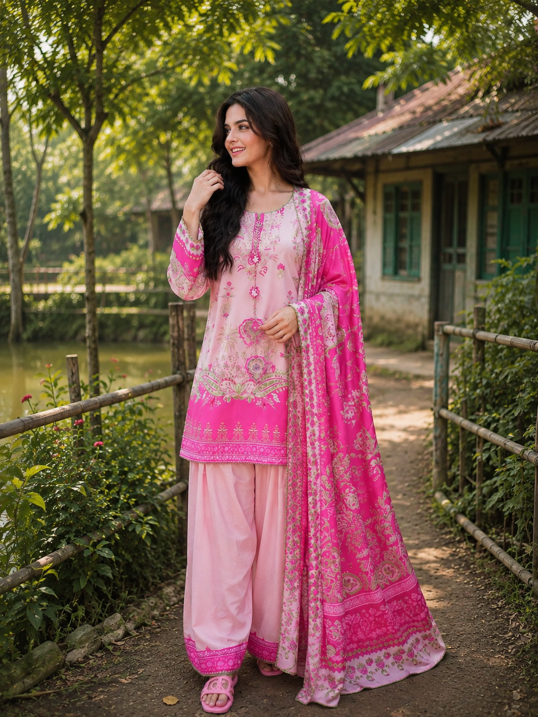 Ethnic Inspired Printed Farshi Set | Premium Silk Kameez & Pant with Georgette Dupatta | — Dresses — Dhaka, Bangladesh | AURAREM — view 2