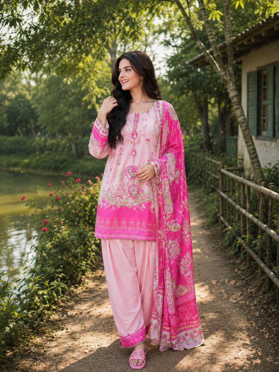 Ethnic Inspired Printed Farshi Set | Premium Silk Kameez & Pant with Georgette Dupatta | — Dresses — Dhaka, Bangladesh | AURAREM — view 3