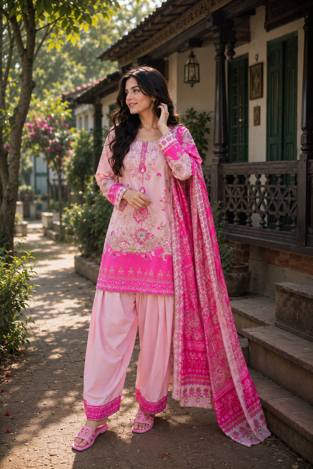 Ethnic Inspired Printed Farshi Set | Premium Silk Kameez & Pant with Georgette Dupatta | — Dresses — Dhaka, Bangladesh | AURAREM — view 4