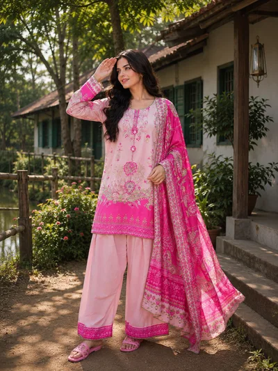 Ethnic Inspired Printed Farshi Set | Premium Silk Kameez & Pant with Georgette Dupatta | — Dresses — Dhaka, Bangladesh | AURAREM