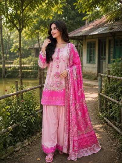 Ethnic Inspired Printed Farshi Set | Premium Silk Kameez & Pant with Georgette Dupatta | — Dresses — Dhaka, Bangladesh | AURAREM — view 2